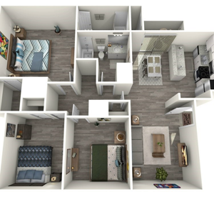 C2 three bedroom two bath 1169 square foot floor plan